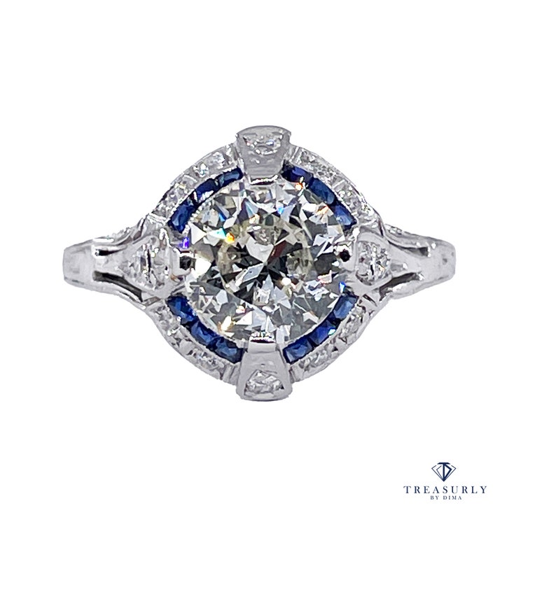 Art Deco GIA Vintage Antique 3.0ct Old EUROPEAN Diamond Sapphire Platinum Engagement Ring image 2