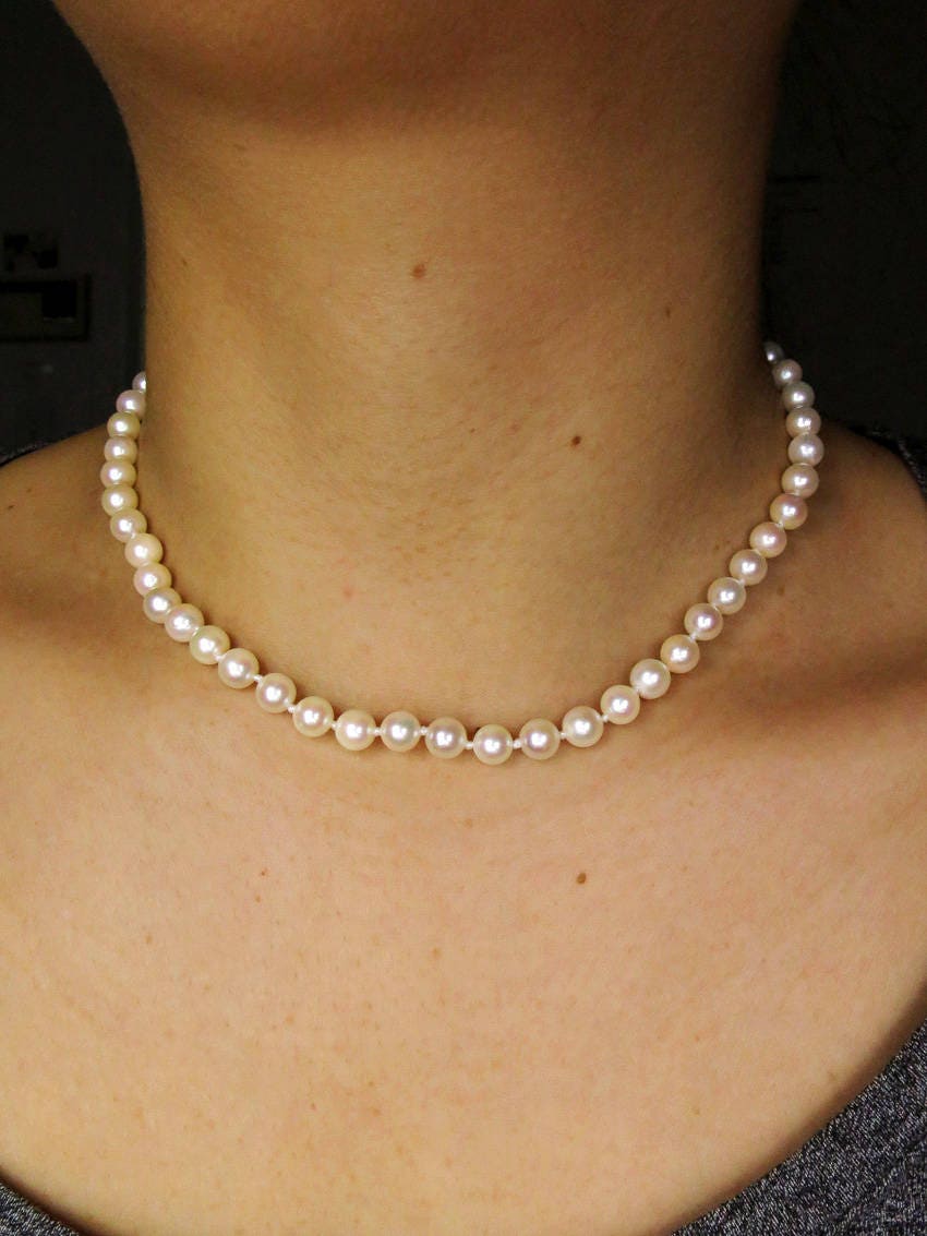 Collier Vintage En Perles De Culture 5mm - Agrafe En Or 14K Jaune - Longueur 20 Pouces