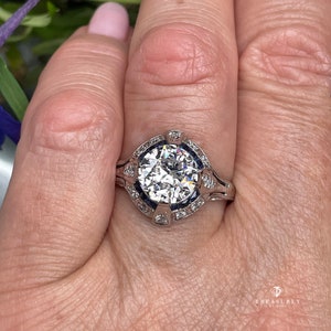 Art Deco GIA Vintage Antique 3.0ct Old EUROPEAN Diamond Sapphire Platinum Engagement Ring image 6