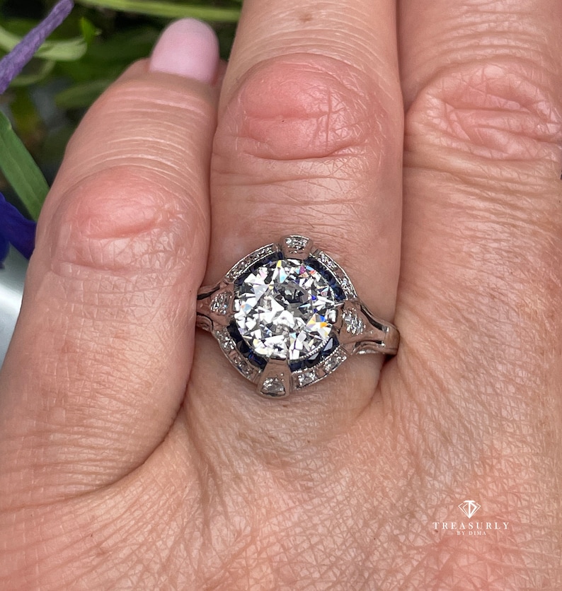 Art Deco GIA Vintage Antique 3.0ct Old EUROPEAN Diamond Sapphire Platinum Engagement Ring image 6