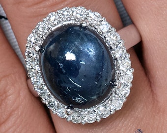 GIA 15.27ct Vintage Estate Blue Cabochon Sapphire Diamonds Cluster 14k Ring