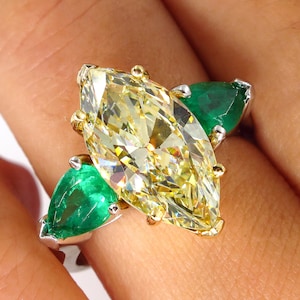 RESERVED Estate “Canary” 4.86ctw Natural Fancy YELLOW Marquise Diamond and Green Emerald Trilogy Pl/18k Ring