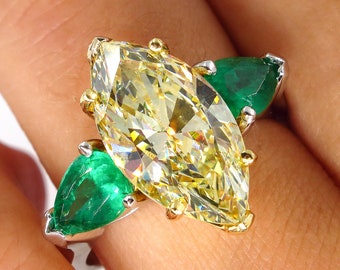 RESERVED Estate “Canary” 4.86ctw Natural Fancy YELLOW Marquise Diamond and Green Emerald Trilogy Pl/18k Ring