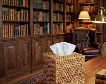 Handwoven Rattan Tissue Box Cover, Square Honey Brown Wicker Napkin Holder
