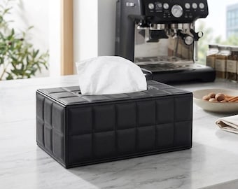 Black Quilted Faux Leather Tissue Box Cover, Rectangular Napkin Dispenser