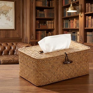 May include: A rectangular tissue box cover crafted from woven light brown seagrass. The box features a hinged lid secured by a dark brown toggle button and an elastic loop closure. A single white tissue is pulled through the top opening.