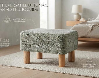 Green Small Foot Stool for Under Desk, Upholstered Vanity Ottoman, Aesthetic Cute Footrest with Wooden Legs, Cozy Home Decor Halloween Gift
