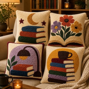 4 Book Lover Pillow Patterns, Embroidery Templates for Punch Needle and Tufting, Printable PDF
