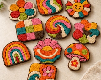10 Bright Groovy Coaster Patterns – Printable PDF / Punch Needle / Tufting Templates