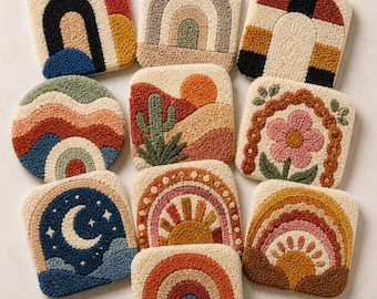 10 Boho Rainbow Coaster Patterns – Printable PDF / Punch Needle / Tufting Templates