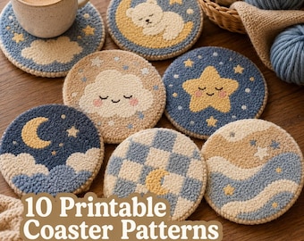 10 Sleepy Moon Coaster Patterns Printable PDF / Punch Needle / Tufting Templates