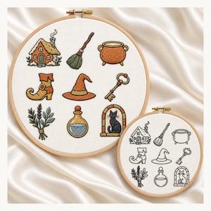 Witchy Cottage Hand Embroidery Patterns, 9 Mini Motifs, Printable PDF and Color Inspiration