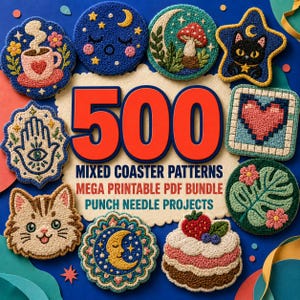 Puede incluir: Una colección de diseños de posavasos en punch needle que incluye una taza de café, una luna durmiente, un hongo, un gato negro, una mano de Fátima, un corazón pixelado, una cara de gato, una luna creciente y un pastel de fresa.