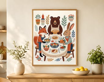 Woodland Hosts Dinner Printable, Fox Rabbit Bear Folk Art