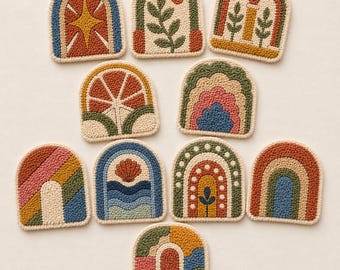 10 patrones de posavasos con forma de arco: plantillas imprimibles en PDF, para bordado con aguja perforadora o para acolchado.
