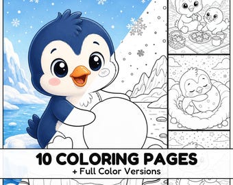 Baby Penguin Winter Coloring Pages with Full Color References for Kids