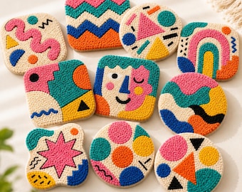 10 Memphis Style Coaster Patterns – Printable PDF / Punch Needle / Tufting Templates