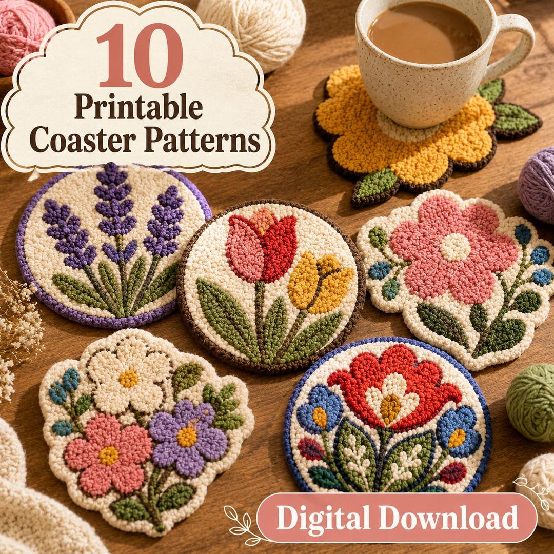 10 Soft Embroidery Floral Coaster Patterns – Printable PDF / Punch ...