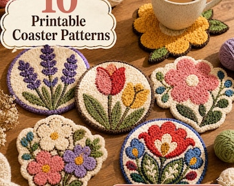 10 patrones de posavasos florales con bordado suave – Plantillas imprimibles en PDF / para aguja perforadora / para mechones