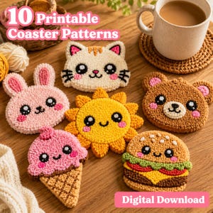 Puede incluir: Una colección de seis posavasos de punch needle con diseños de animales y comida, incluyendo un gato, conejo, sol, oso, helado y hamburguesa. El texto 10 Printable Coaster Patterns y Digital Download es visible en la imagen.