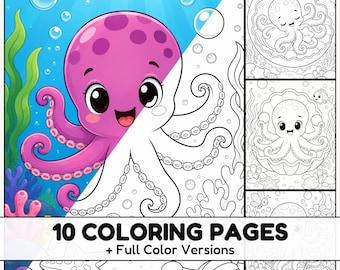 Baby Octopus Coloring Pages with Full Color Versions for Kids