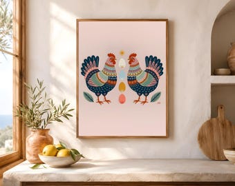 Symmetrical Hens and Eggs Printable, Scandinavian Farmhouse Wall Art