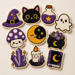 10 patrones de posavasos de Halloween con temática de brujas, plantillas de bordado para aguja perforadora/tufting (PDF imprimible)