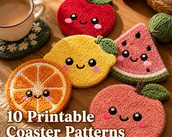 10 patrones de posavasos de frutas Kawaii, plantillas imprimibles en PDF / para bordado con aguja perforadora / para mechones