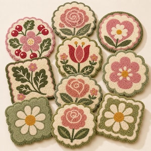 May include: A selection of floral coasters in diverse shapes, including round and square. The coasters showcase embroidered designs of roses, daisies, and other flowers in pink, green, and cream hues. The edges are finished with a scalloped trim.