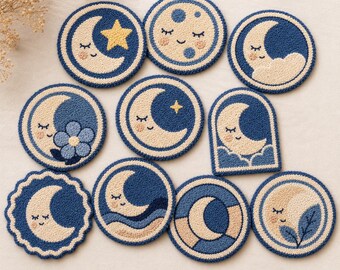 10 Cream Blue Moon Coaster Patterns – Printable PDF / Punch Needle / Tufting Templates