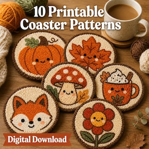 Puede incluir: Una colección de diez patrones de posavasos imprimibles con diseños temáticos de otoño, que incluyen una calabaza, una hoja, una seta, un zorro, una flor y una taza de cacao. Los posavasos son redondos, con un fondo crema y un borde marrón. También se ve el texto "10 Printable Coaster Patterns" y "Digital Download".