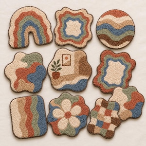 Puede incluir: Un conjunto de nueve posavasos afelpados en varias formas y diseños. Los posavasos presentan patrones de arcoíris, florales y abstractos en tonos marrón, azul, verde y crema. Cada posavasos tiene una superficie texturizada y un borde marrón.