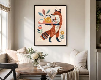 Fox Tea Host Printable, Woodland Kitchen Folk Art