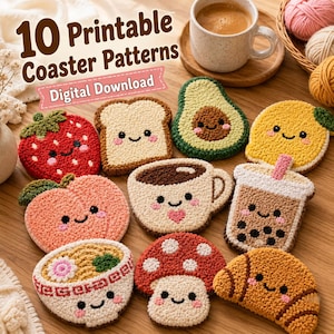 May include: Ten printable coaster patterns featuring colorful, textured, punch needle-style designs of a strawberry, bread, avocado, lemon, peach, coffee cup, bubble tea, ramen bowl, mushroom, and croissant, all with smiling faces.