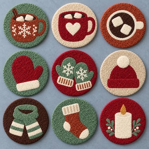 May include: A set of nine circular punch needle coasters featuring winter-themed designs including mugs of hot cocoa, mittens, a beanie, a scarf, a stocking, and a candle. Each coaster displays textured, colorful yarn patterns in red, green, brown, and white.