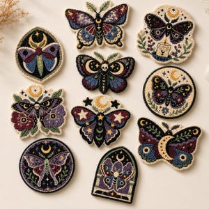 Puede incluir: Una colección de diez parches bordados con diseños de polillas y mariposas que incluyen motivos celestiales como lunas, estrellas y velas. Los parches están realizados con hilos en tonos morado oscuro, azul, negro, crema y verde.