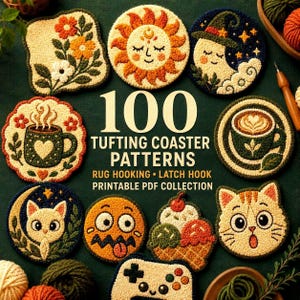 100 Punch Needle Patterns | Assorted Coaster Rug Hooking and Latch Hook PDF Templates