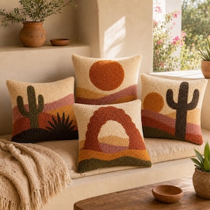 4 Desert Landscape Pillow Patterns, Embroidery Templates for Punch Needle and Tufting, Printable PDF