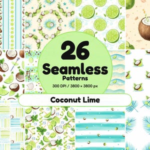 May include: A digital collection of 26 seamless patterns featuring coconut and lime motifs. The designs include watercolor illustrations of sliced limes, whole coconuts, palm leaves, and tropical drinks, presented in various layouts with blue and green tones.