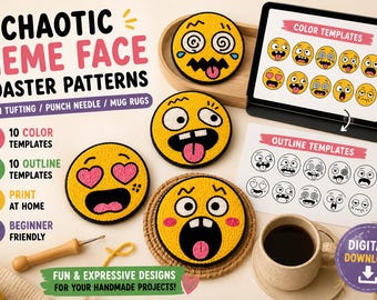 10 Chaotic Meme Face Coaster Patterns, Punch Needle PDF, Kawaii Mug Rug Templates