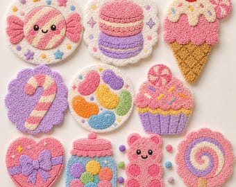 10 patrones de posavasos con motivos de dulces, PDF imprimible, plantillas para bordado con aguja perforadora y mechones.