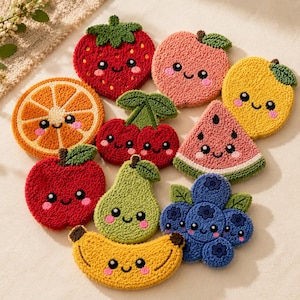 Könnte beinhalten: Eine Sammlung farbenfroher, gestickter Untersetzer in Form von Früchten. Das Set enthält eine Erdbeere, einen Pfirsich, eine Zitrone, eine Orangenscheibe, Kirschen, eine Wassermelone, einen Apfel, eine Birne, Blaubeeren und eine Banane. Jeder Untersetzer hat ein lächelndes Gesicht.
