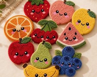 10 Kawaii Fruit Coaster Patterns, Printable PDF / Punch Needle / Tufting Templates
