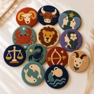 Puede incluir: Un conjunto de doce posavasos redondos y coloridos, cada uno con un diseño diferente del zodíaco. Los posavasos están hechos de un material texturizado e incluyen imágenes de un carnero Aries, un toro Tauro, gemelos Géminis, un cangrejo Cáncer, un león Leo, etc.