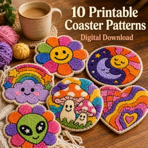 May include: A collection of colorful, handmade coaster patterns with whimsical designs, including a smiling flower, rainbow, mushroom, and heart. The coasters are displayed with a cup of coffee and yarn balls. Text reads "10 Printable Coaster Patterns Digital Download."