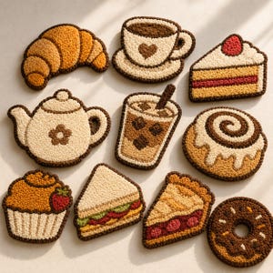 Op de afbeelding: Een verzameling van textuurrijke voedselitems, waaronder een croissant, koffiekopje, stuk cake, theepot, ijskoffie, kaneelbroodje, cupcake, sandwich, stuk taart en donut. Elk item is bruin omrand.