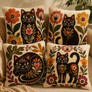 4 Folk Art Cats Cushion Patterns, Punch Needle Tufting Templates (PDF)