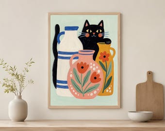 Cat and Milk Jugs Printable, Whimsical Farmhouse Kitchen Decor