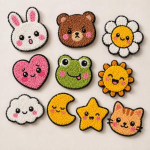 Peut inclure: Un ensemble de dix écussons textiles tuftés représentant diverses formes, dont un lapin blanc, un ours brun, une fleur blanche, un cœur rose, une grenouille verte, un soleil jaune, un nuage blanc, un croissant de lune, une étoile et un chat.