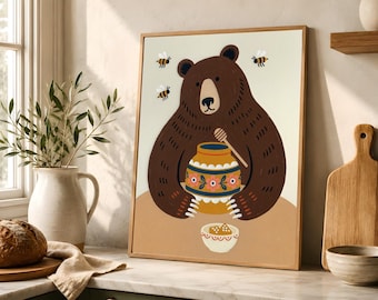 Bear and Honey Printable, Woodland Kitchen Wall Art